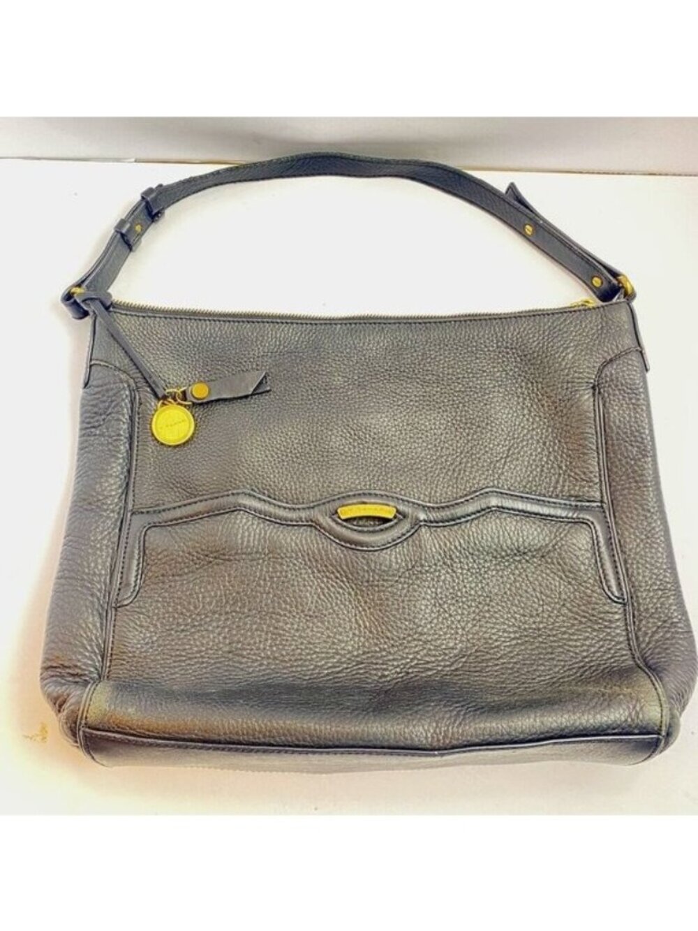 T Tahari Black Leather Shoulder Bag With Gold Accents & Adjustable Strap